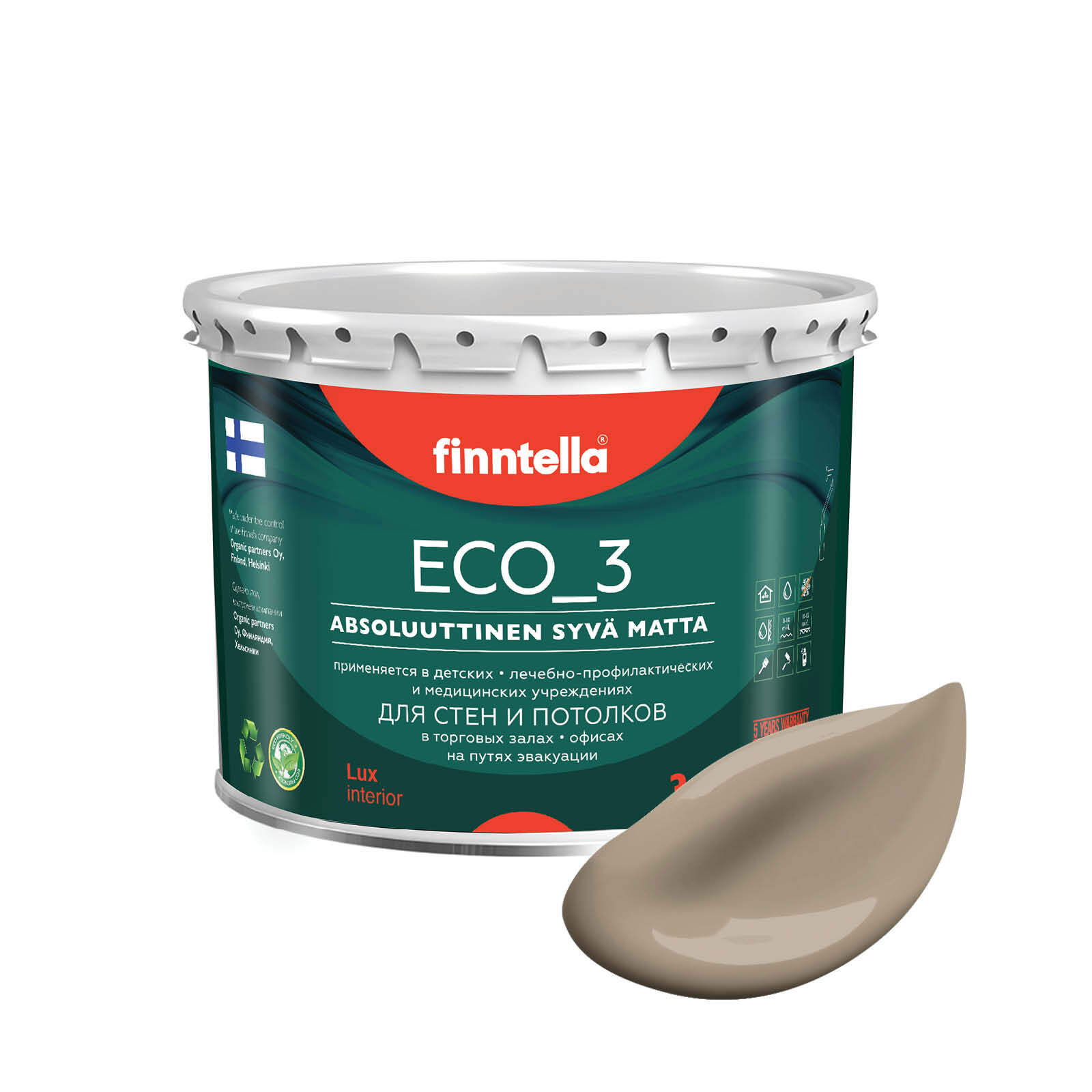 

Краска интерьерная глубокоматовая ECO_3 wash and clean FINNTELLA моющаяся, цвет PEHMEА, 2,, Коричневый, матовая для стен моющаяся ECO 3, для обоев под покраску