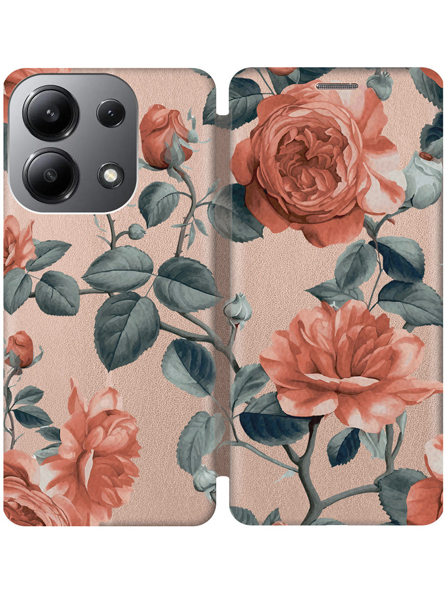 

Чехол-книжка на Xiaomi Redmi Note 13 4G с принтом "Винтажные розы" золотой, Золотистый;зеленый;красный, 782622823
