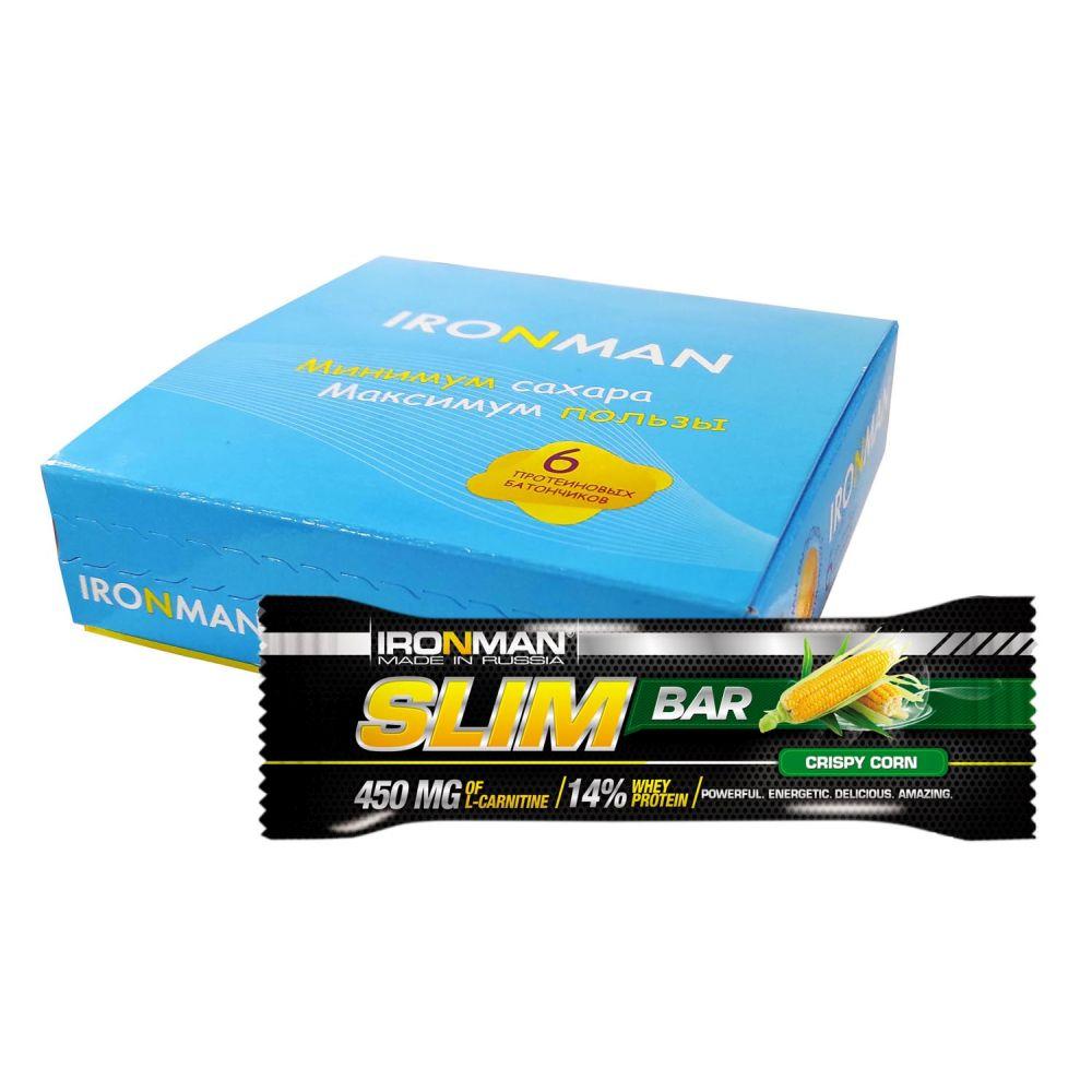 фото Ironman" батончик коробка 6 шт. "slim bar" с l-карнитином, 50 г кукуруза/белая глазурь