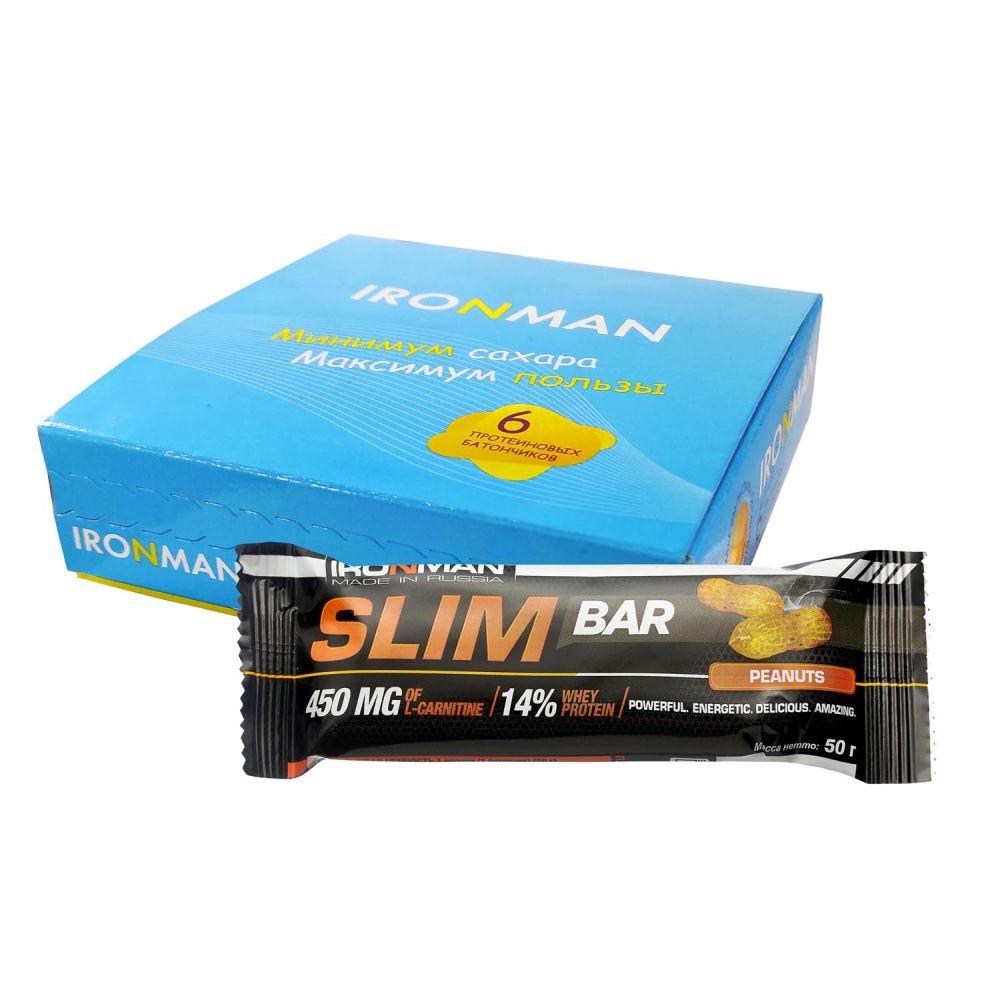 фото Ironman" батончик шоу-бокс 6 шт. "slim bar" с l-карнитином, 50 г орех / темная глазурь