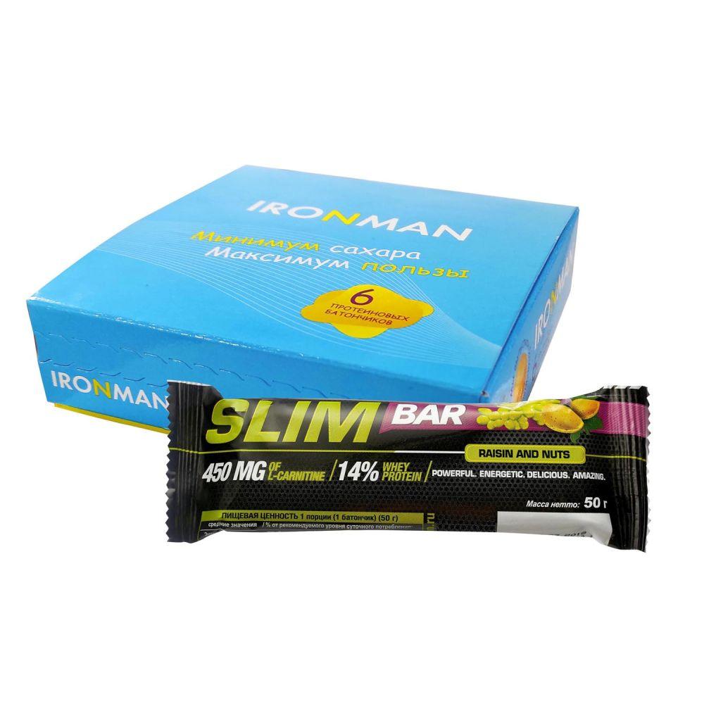 фото Ironman" батончик 6 шт. "slim bar" с l-карнитином, 50 г изюм-орех / темная глазурь