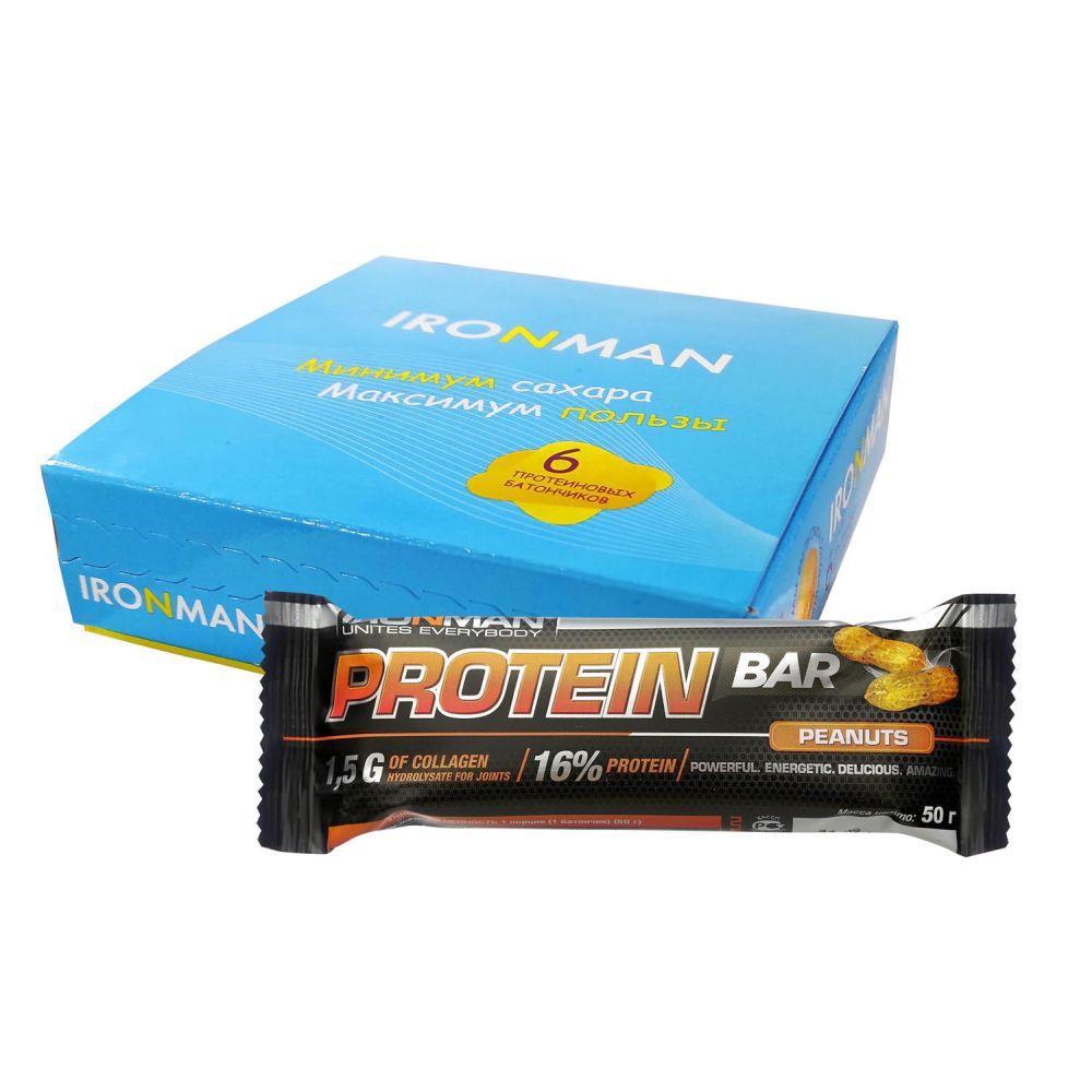 фото Ironman" батончик 6 шт. "protein bar" с коллагеном, 50 г орех / темная глазурь