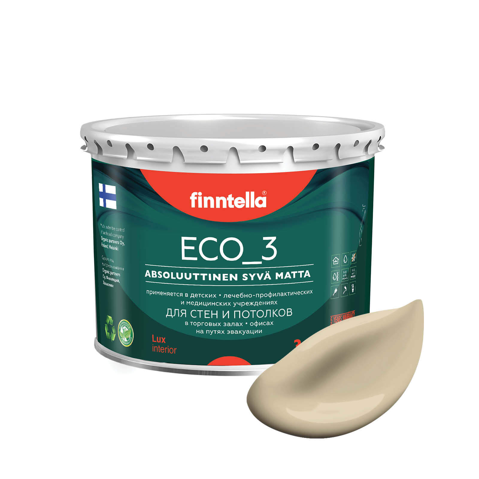 

Краска интерьерная глубокоматовая ECO_3 wash and clean FINNTELLA моющаяся, TOFFEE Песочный, Бежевый, матовая для стен моющаяся ECO 3, для обоев под покраску