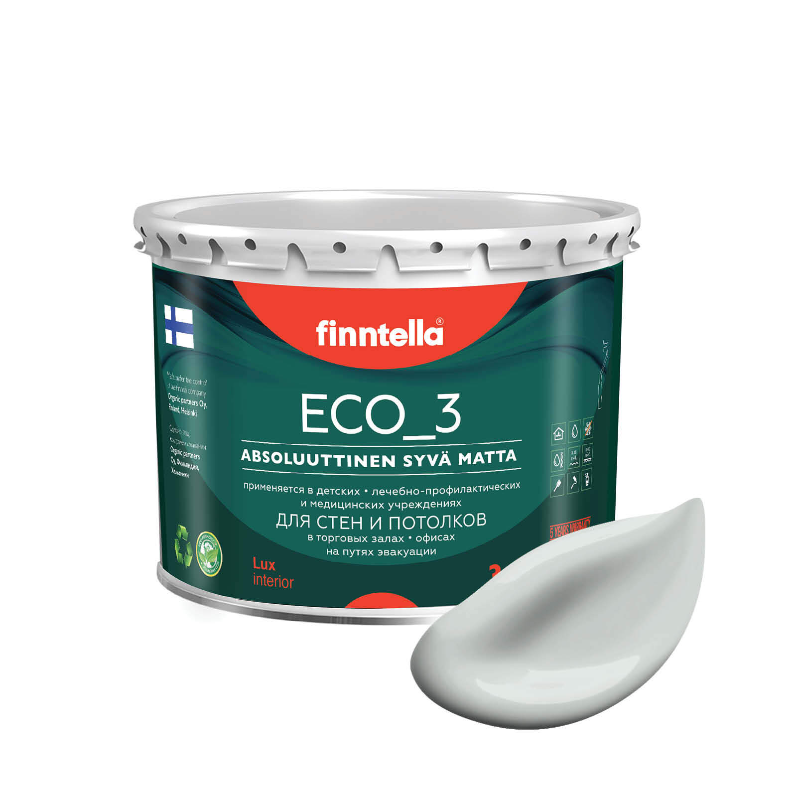 

Краска интерьерная глубокоматовая ECO_3 wash and clean FINNTELLA моющаяся, цвет SUMU, 2,7л, Серый, матовая для стен моющаяся ECO 3, для обоев под покраску