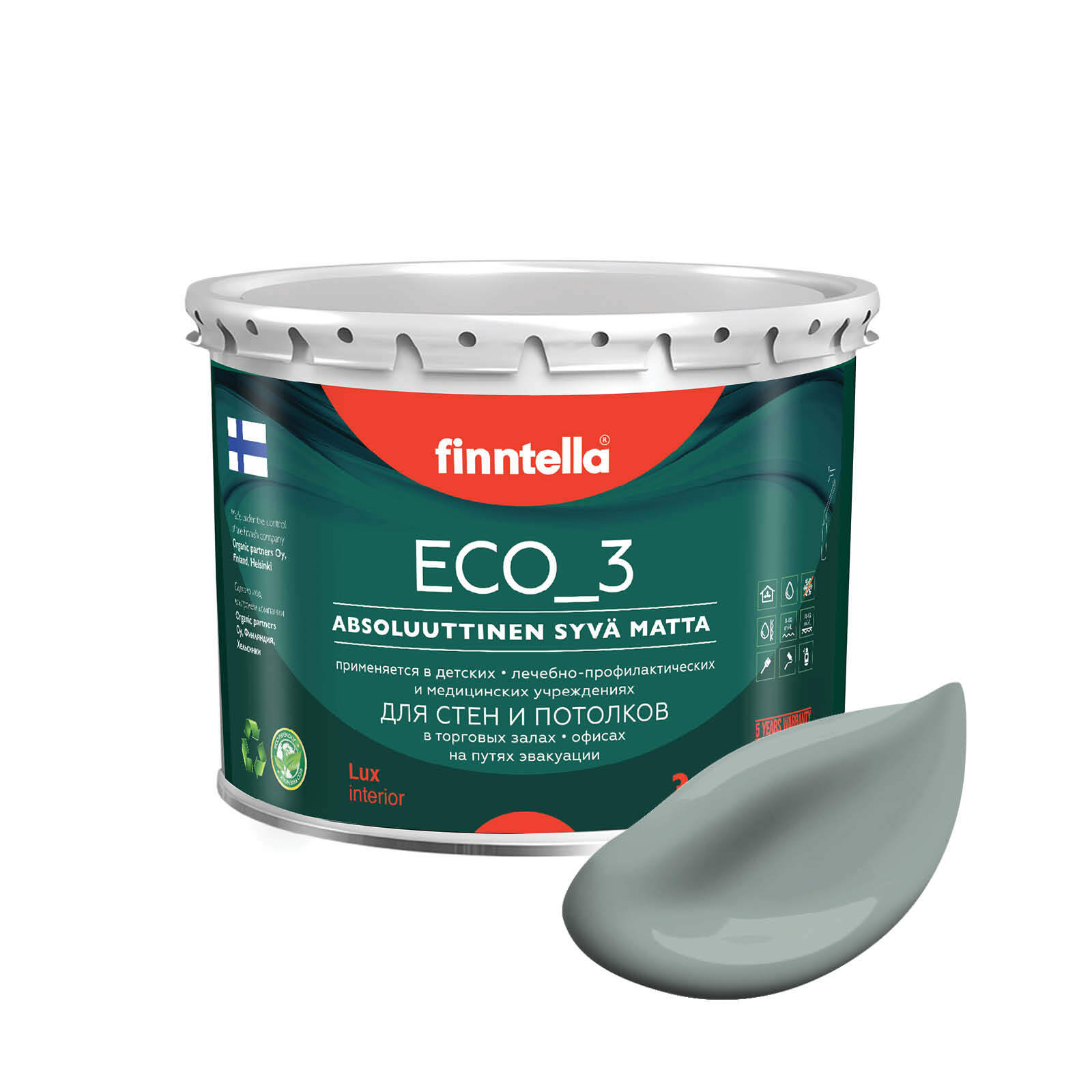 

Краска интерьерная глубокоматовая ECO_3 wash and clean FINNTELLA моющаяся, цвет SAMMAL, 2,, Серый, матовая для стен моющаяся ECO 3, для обоев под покраску