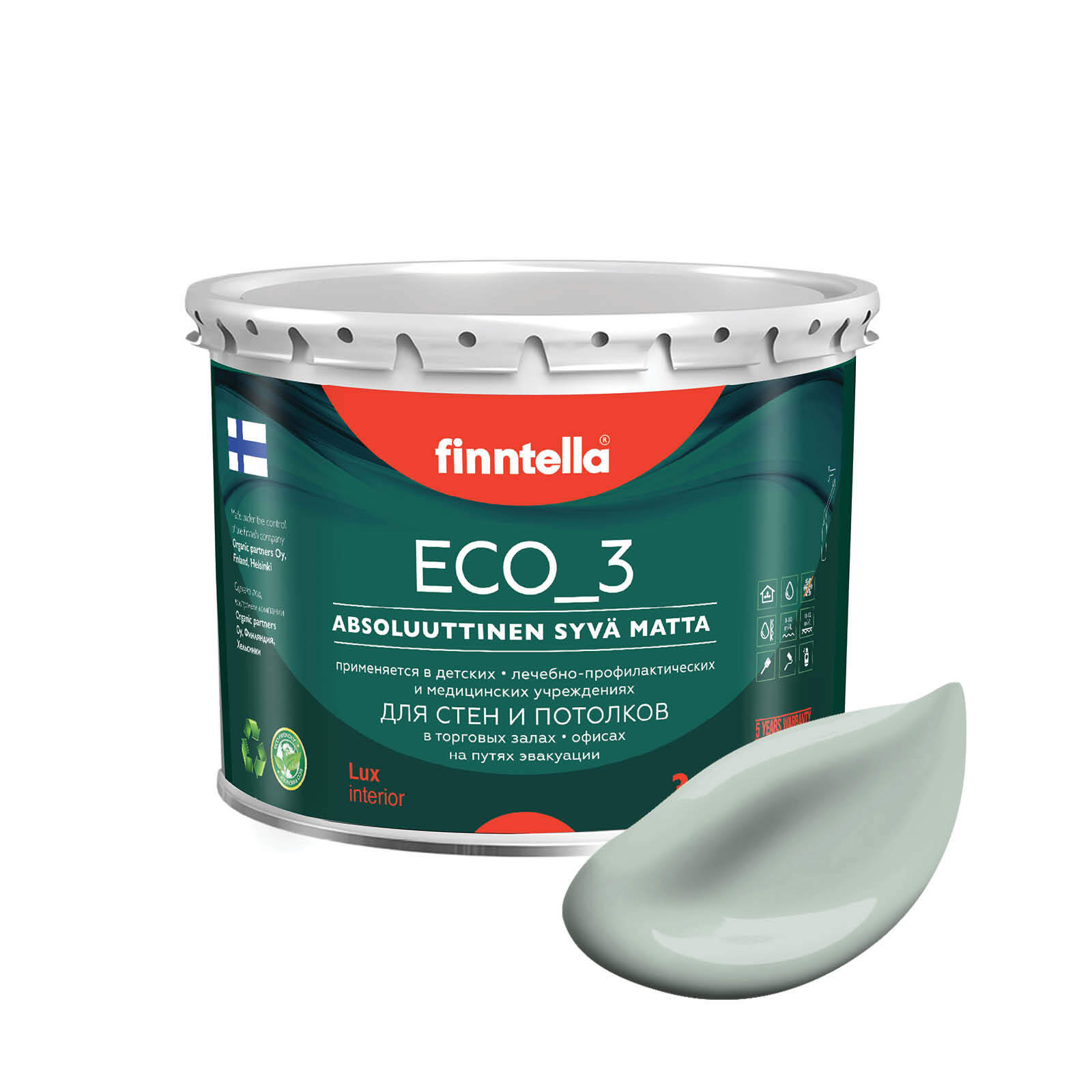 

Краска интерьерная глубокоматовая ECO_3 wash and clean FINNTELLA моющаяся, цвет AAVE, 2,7л, Зеленый, матовая для стен моющаяся ECO 3, для обоев под покраску