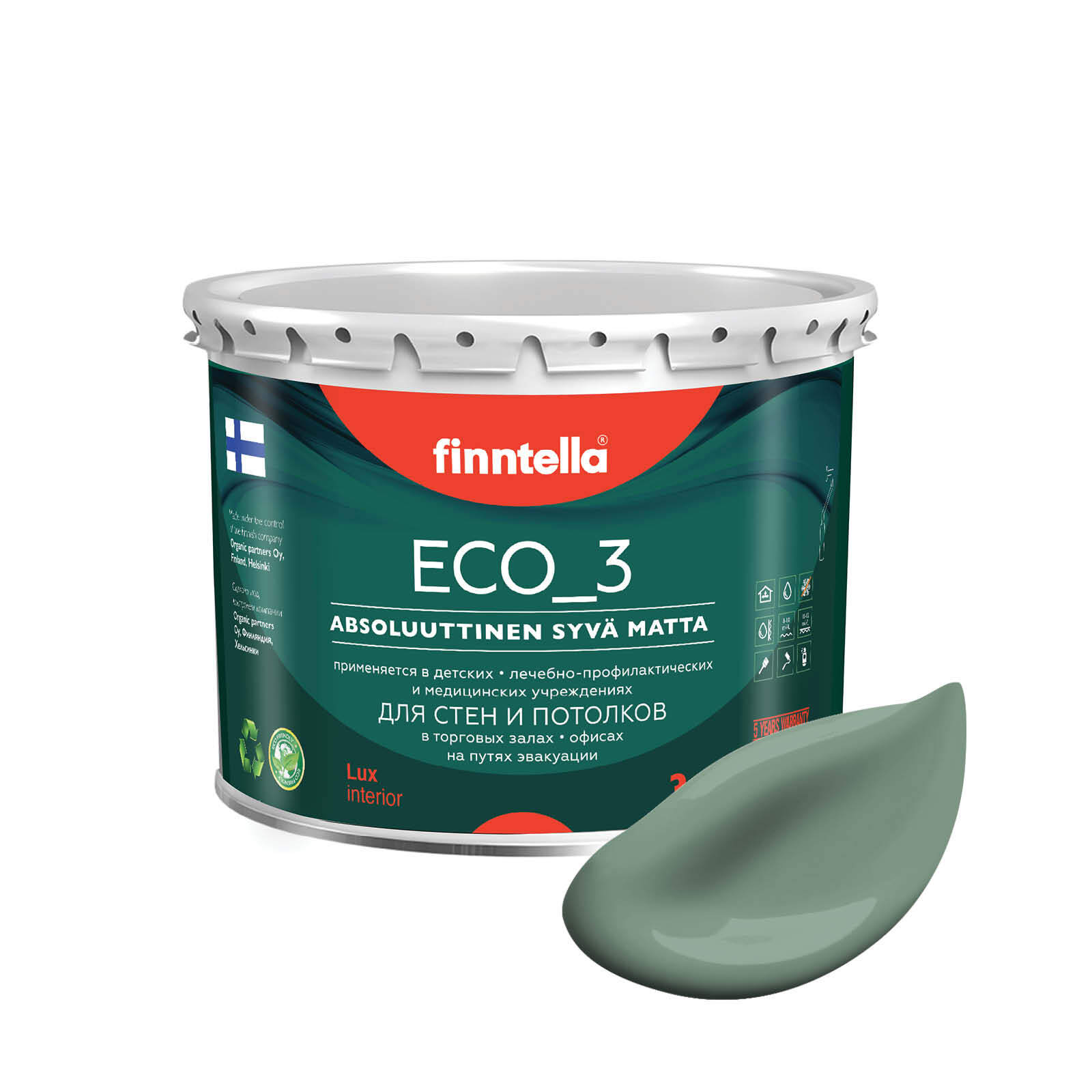 

Краска интерьерная глубокоматовая ECO_3 wash and clean FINNTELLA моющаяся, цвет NAAMIOINTI, Зеленый, матовая для стен моющаяся ECO 3, для обоев под покраску