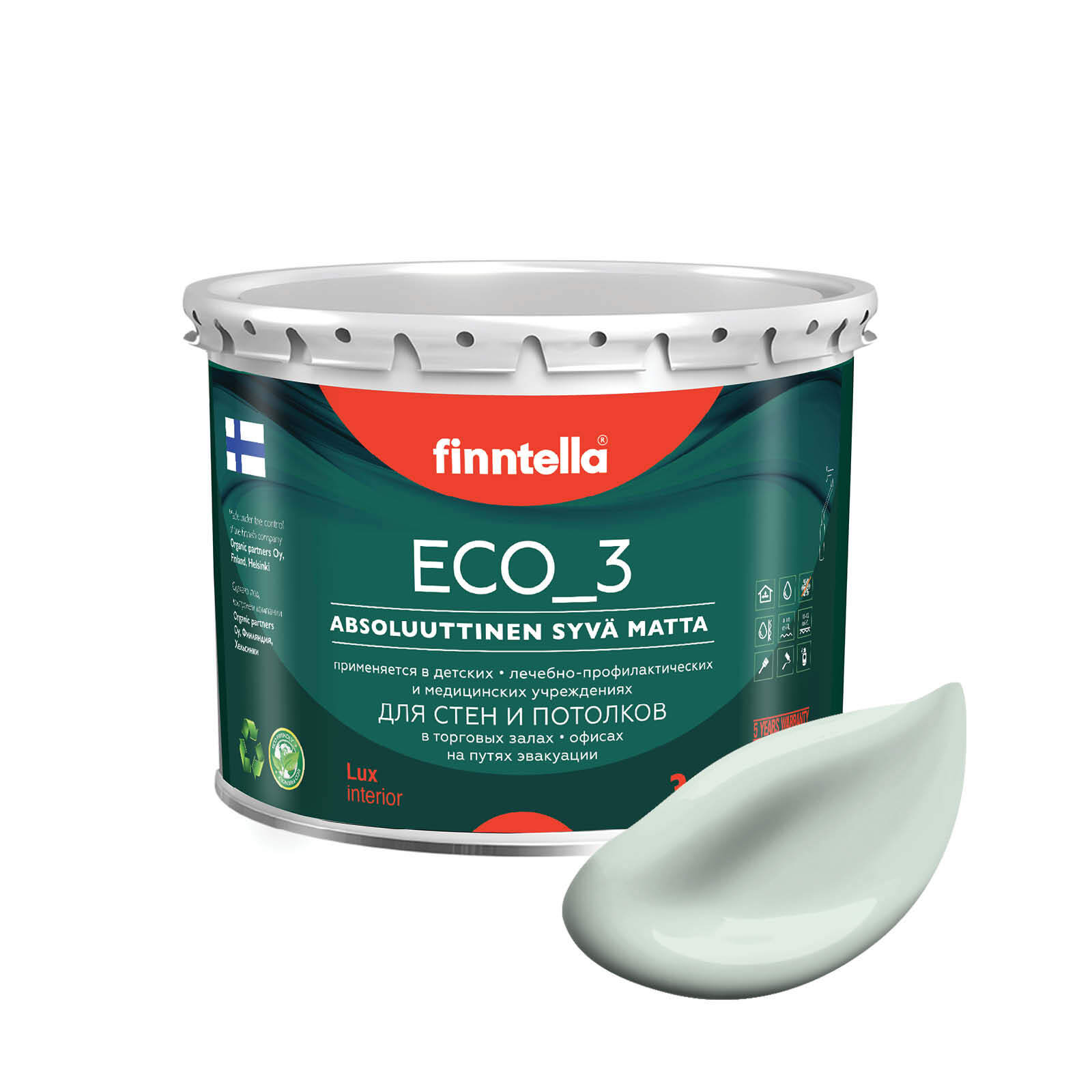 

Краска интерьерная глубокоматовая ECO_3 wash and clean FINNTELLA моющаяся, цвет VETTА, 2,7, Зеленый, матовая для стен моющаяся ECO 3, для обоев под покраску