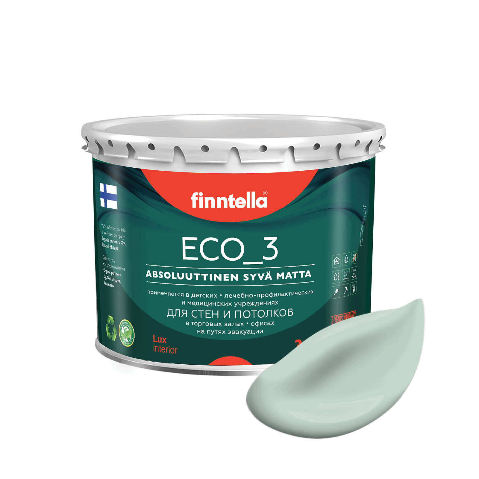 

Краска интерьерная глубокоматовая ECO_3 wash and clean FINNTELLA моющаяся, цвет PAISTAA, 2, Зеленый, матовая для стен моющаяся ECO 3, для обоев под покраску