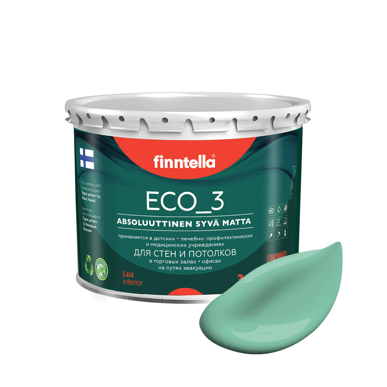 

Краска интерьерная глубокоматовая ECO_3 wash and clean FINNTELLA моющаяся, цвет VIILEА, 2,, Зеленый, матовая для стен моющаяся ECO 3, для обоев под покраску