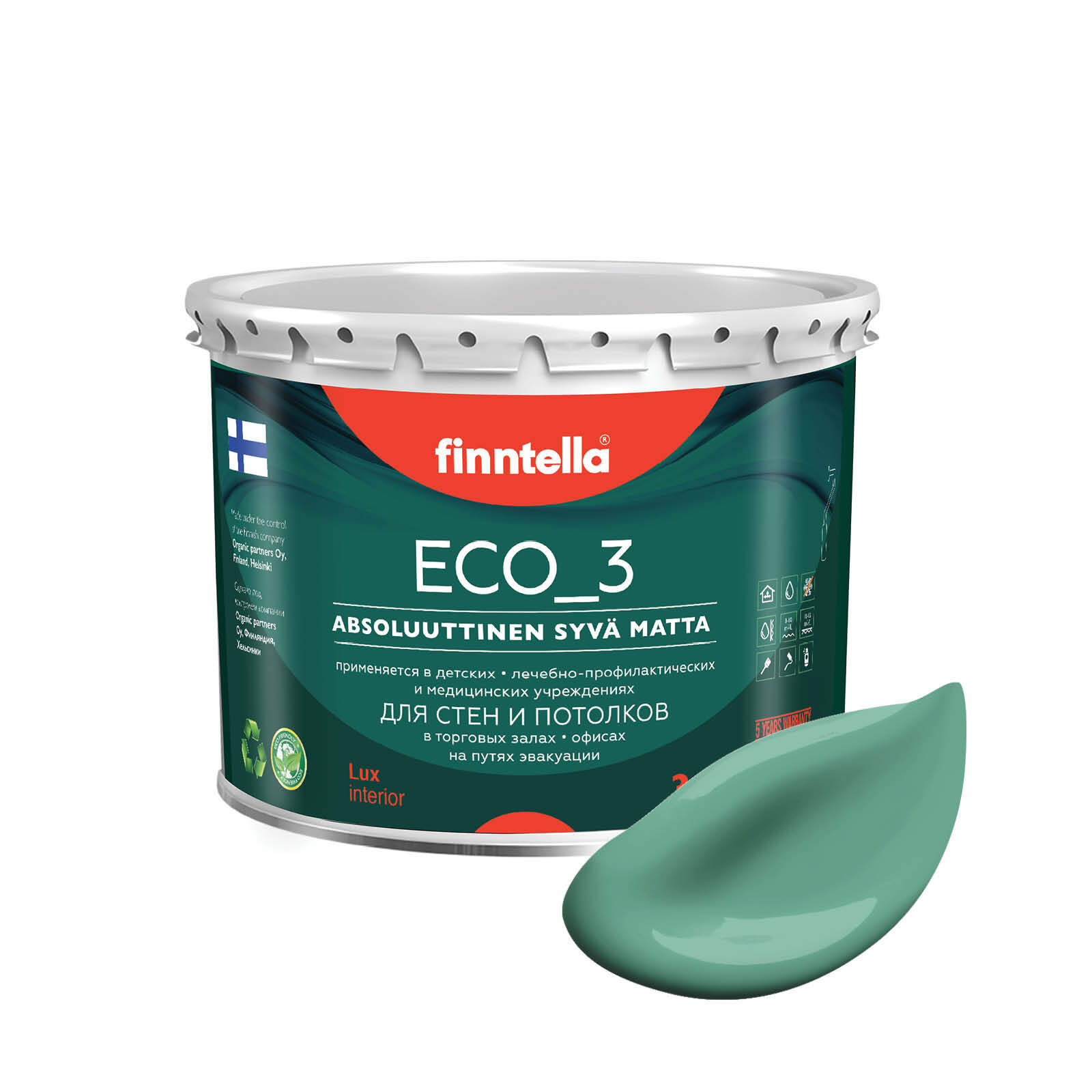 

Краска интерьерная глубокоматовая ECO_3 wash and clean FINNTELLA моющаяся, цвет JADE, 2,7л, Зеленый, матовая для стен моющаяся ECO 3, для обоев под покраску