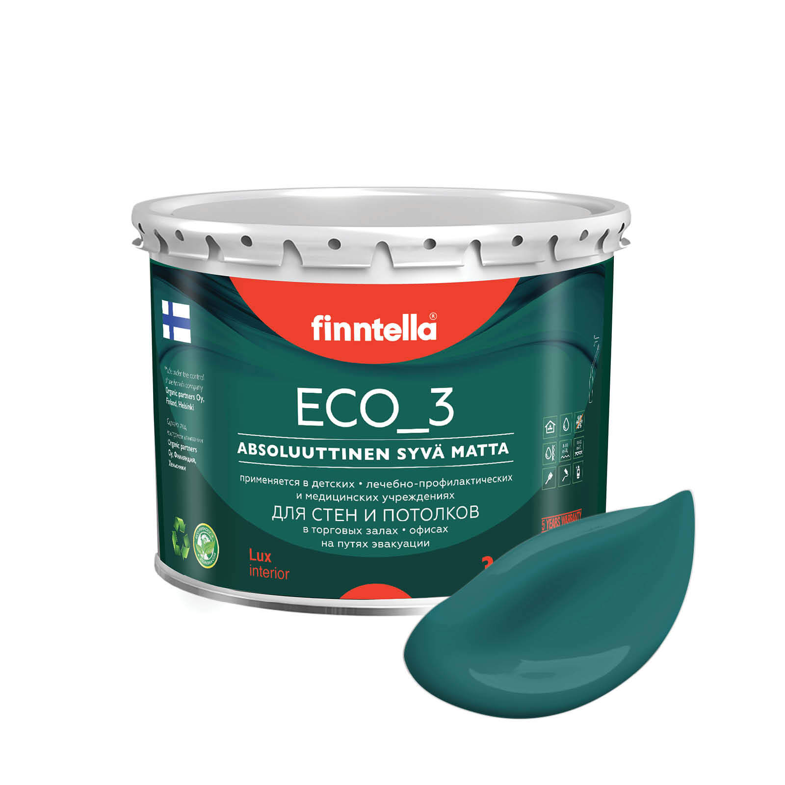 

Краска интерьерная глубокоматовая ECO_3 wash and clean FINNTELLA моющаяся, цвет MALAKIITTI, Зеленый, матовая для стен моющаяся ECO 3, для обоев под покраску