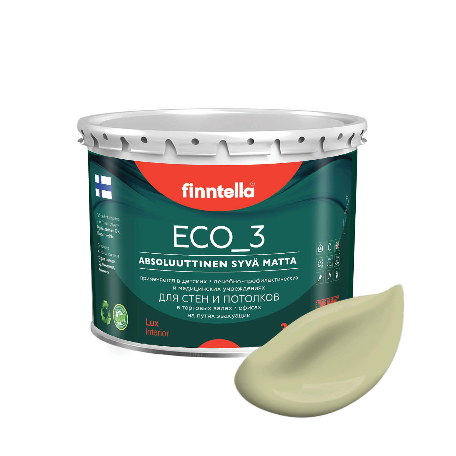 

Краска интерьерная глубокоматовая ECO_3 wash and clean FINNTELLA моющаяся, цвет LАMMIN, 2,, Зеленый, матовая для стен моющаяся ECO 3, для обоев под покраску