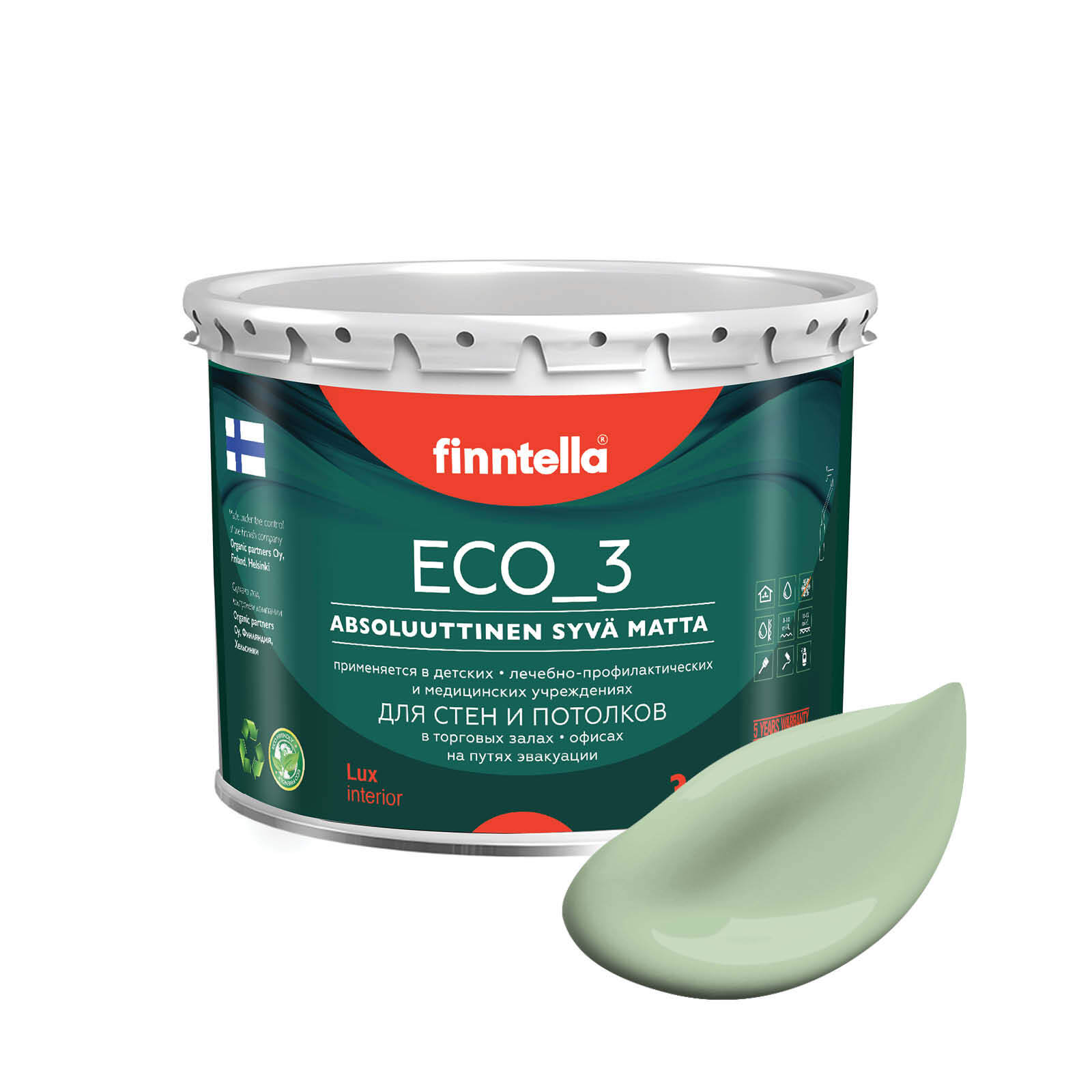 

Краска интерьерная глубокоматовая ECO_3 wash and clean FINNTELLA моющаяся, цвет OMENA , 2,, Зеленый, матовая для стен моющаяся ECO 3, для обоев под покраску