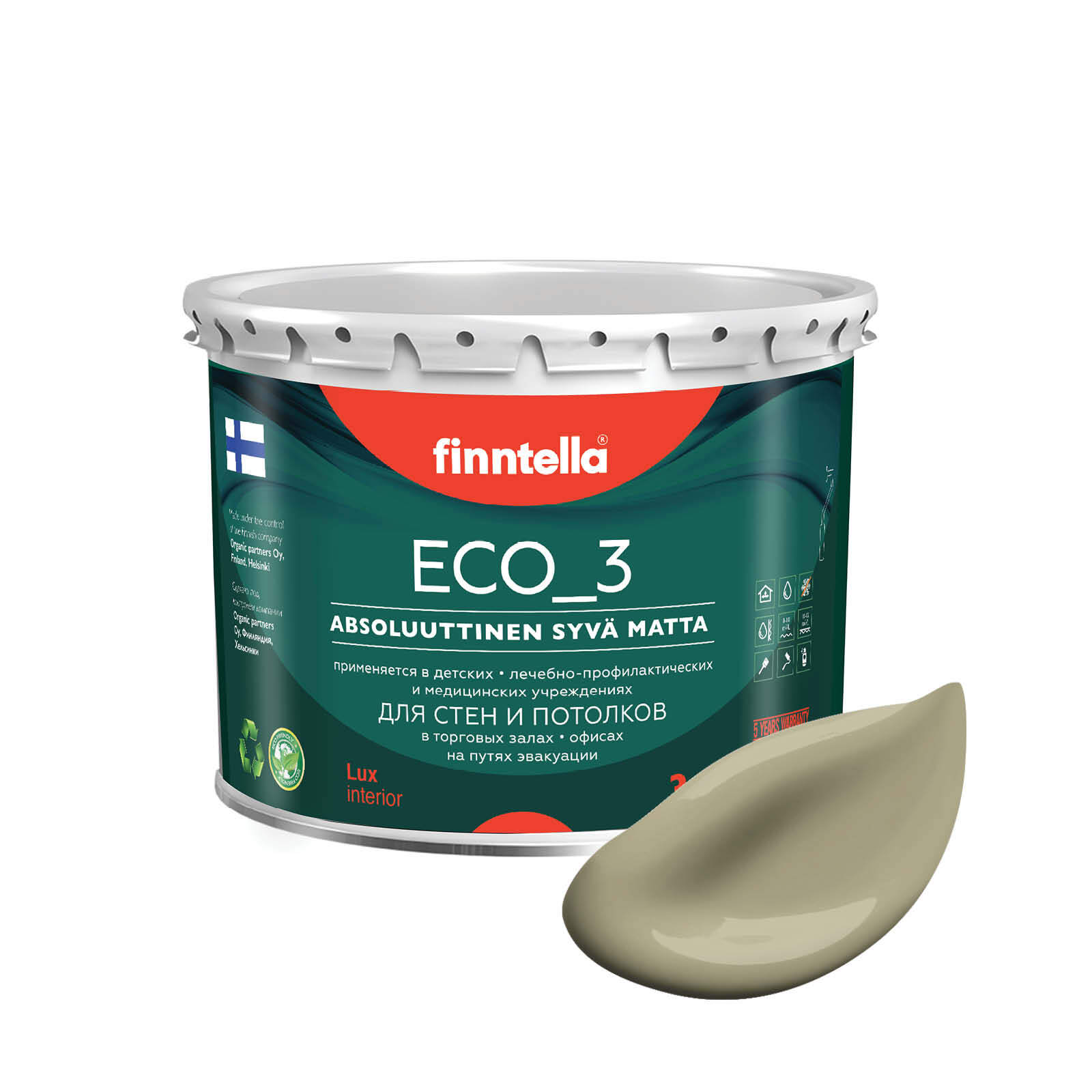 

Краска интерьерная глубокоматовая ECO_3 wash and clean FINNTELLA моющаяся, цвет WAI, 2,7л, Зеленый, матовая для стен моющаяся ECO 3, для обоев под покраску