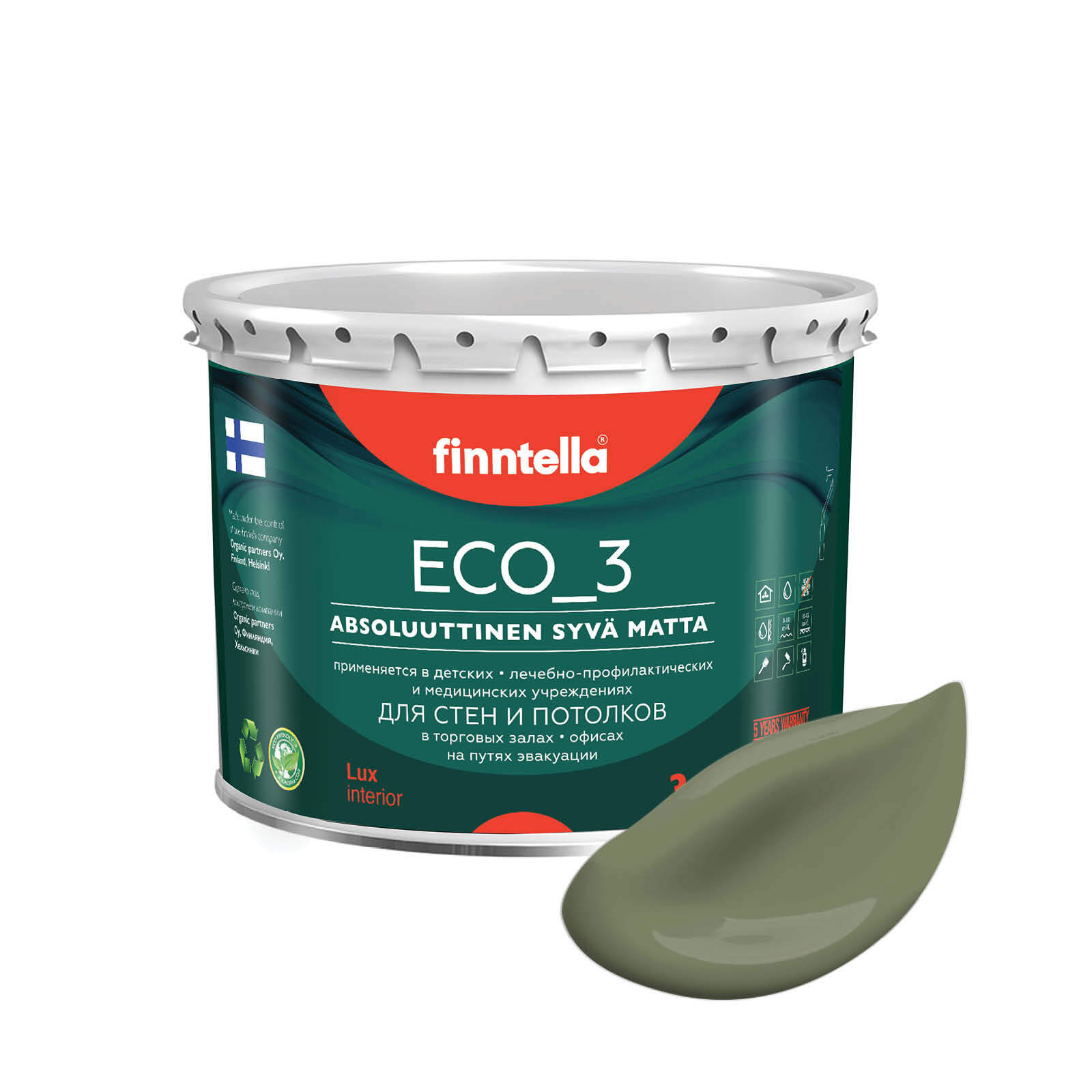 

Краска интерьерная глубокоматовая ECO_3 wash and clean FINNTELLA моющаяся, цвет OLIIVI , 2, Серый, матовая для стен моющаяся ECO 3, для обоев под покраску