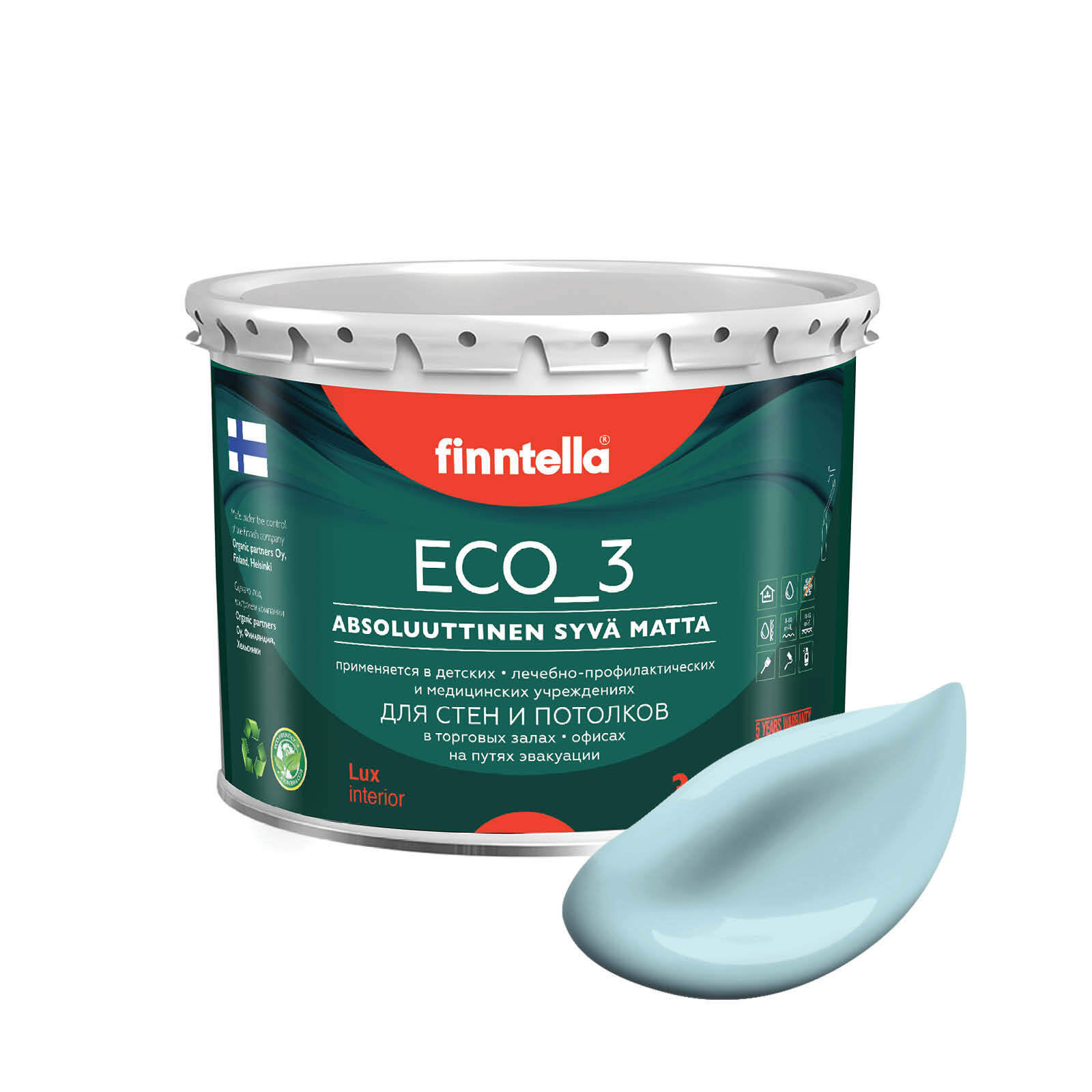 

Краска интерьерная глубокоматовая ECO_3 wash and clean FINNTELLA моющаяся, цвет JААTА, 2,7, Голубой, матовая для стен моющаяся ECO 3, для обоев под покраску