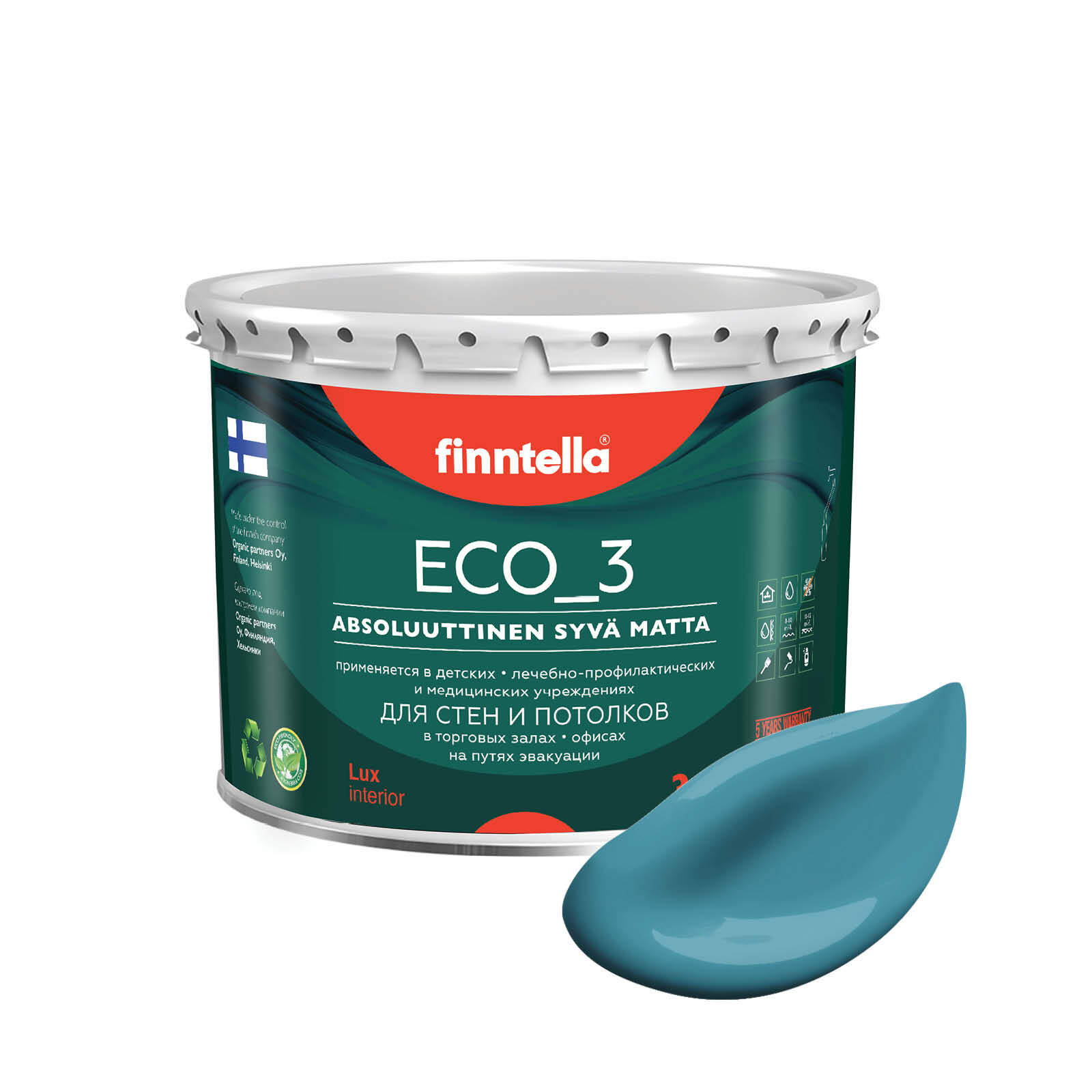 

Краска интерьерная глубокоматовая ECO_3 wash and clean FINNTELLA моющаяся, цвет OPAALI, 2,, Голубой, матовая для стен моющаяся ECO 3, для обоев под покраску