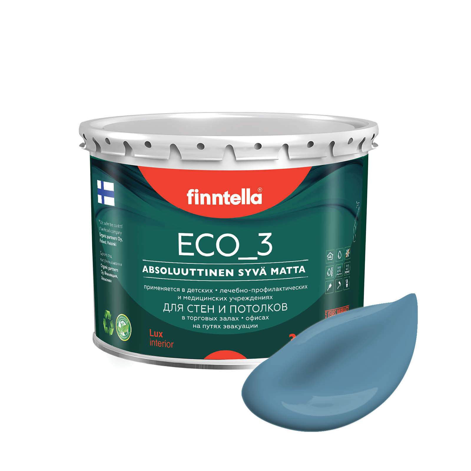 

Краска интерьерная глубокоматовая ECO_3 wash and clean FINNTELLA моющаяся, цвет TERASSININ, Синий, матовая для стен моющаяся ECO 3, для обоев под покраску
