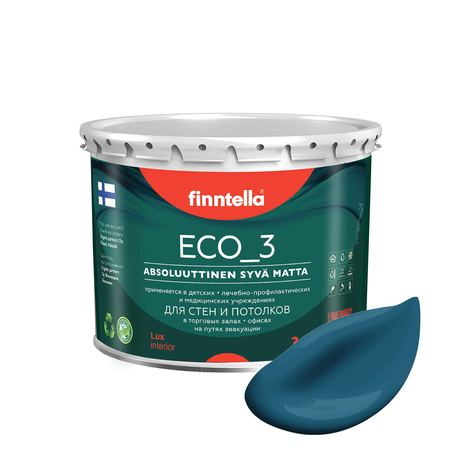 

Краска интерьерная глубокоматовая ECO_3 wash and clean FINNTELLA моющаяся, цвет MYRSKY, 2,, Синий, матовая для стен моющаяся ECO 3, для обоев под покраску