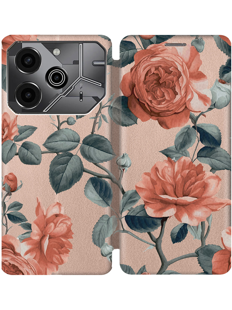

Чехол-книжка на Tecno Pova 6 Pro с принтом "Винтажные розы" золотой, Золотистый;зеленый;красный, 781971023