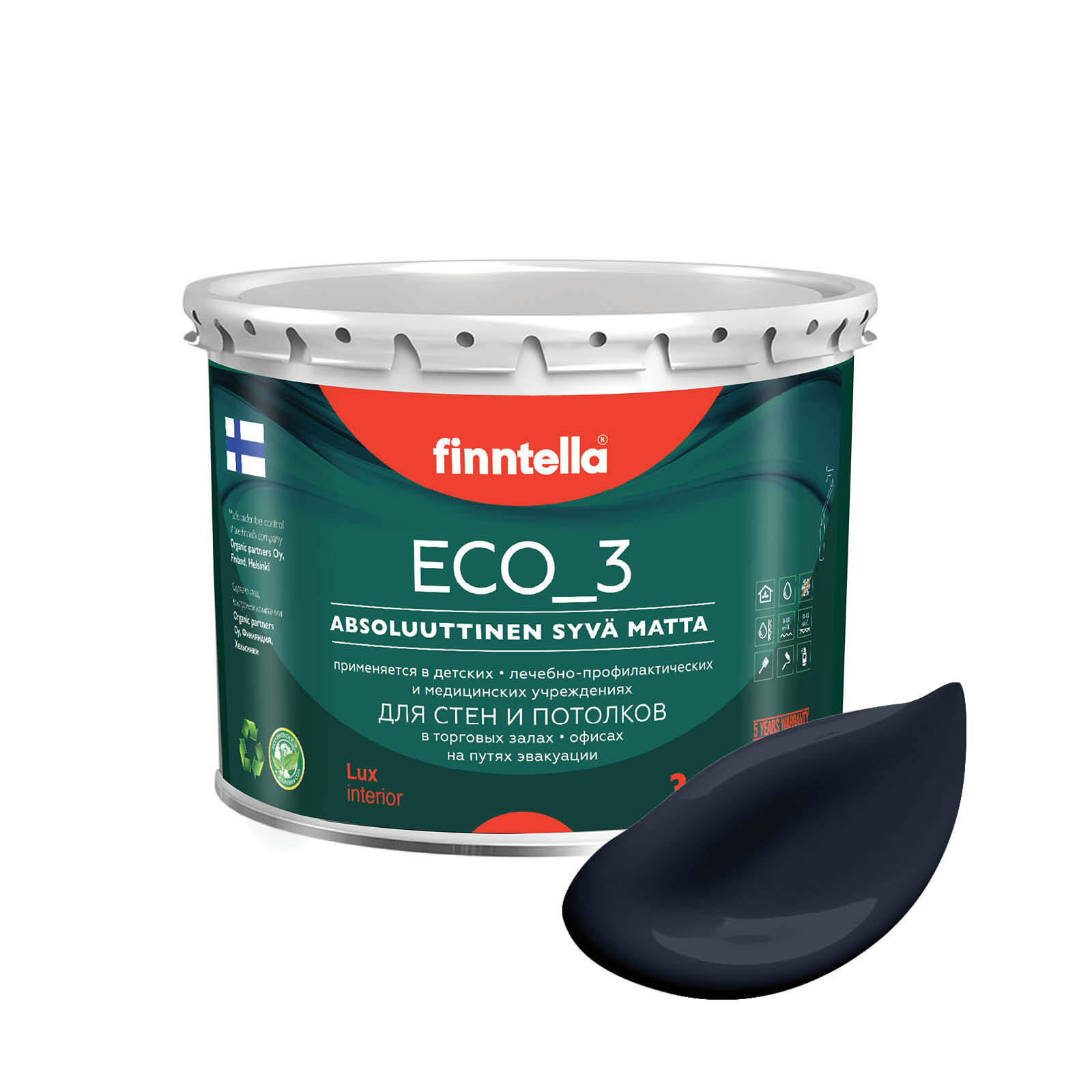 

Краска интерьерная глубокоматовая ECO_3 wash and clean FINNTELLA моющаяся, цвет NEVY, 2,7л, Черный, матовая для стен моющаяся ECO 3, для обоев под покраску