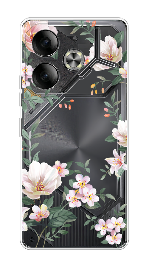 

Чехол на Tecno Pova 6 "Beautiful white flowers", Бежевый;зеленый, 305350-1
