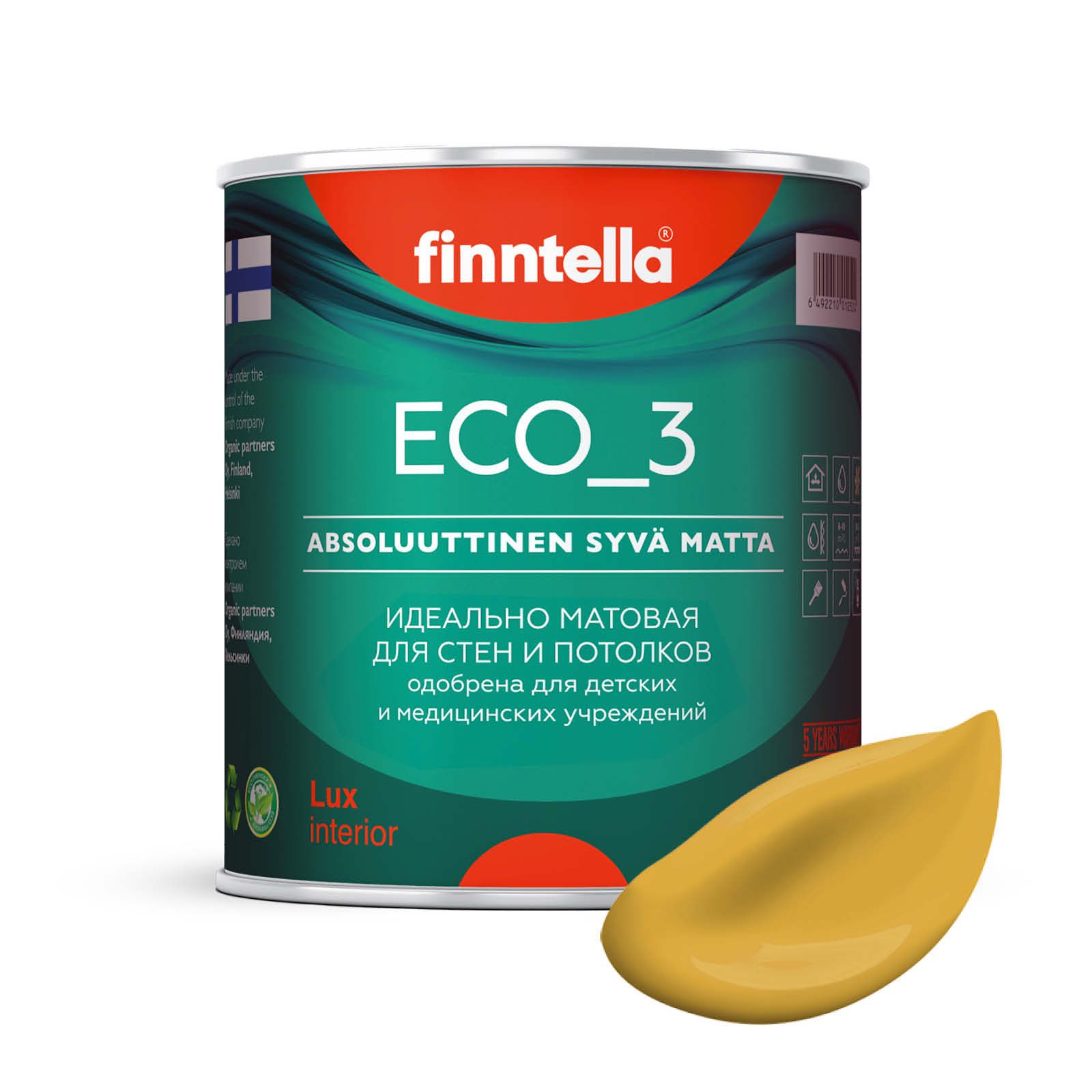 

Краска интерьерная глубокоматовая ECO_3 wash and clean FINNTELLA моющаяся, цвет OKRA, 0,9л, Желтый, матовая для стен моющаяся ECO 3, для обоев под покраску