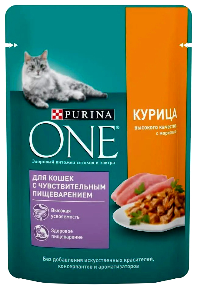 фото Влажный корм для кошек purina one с курицей и морковью, с чувствительным пищеварением, 75г