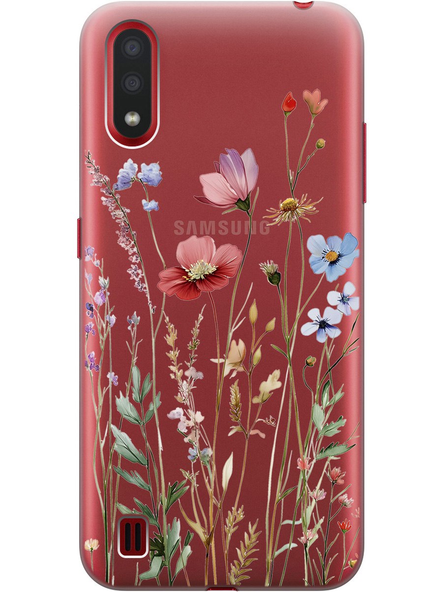 

Силиконовый чехол на Samsung Galaxy A01 с принтом "Милые цветочки" прозрачный, Прозрачный;зеленый;красный, 722444423