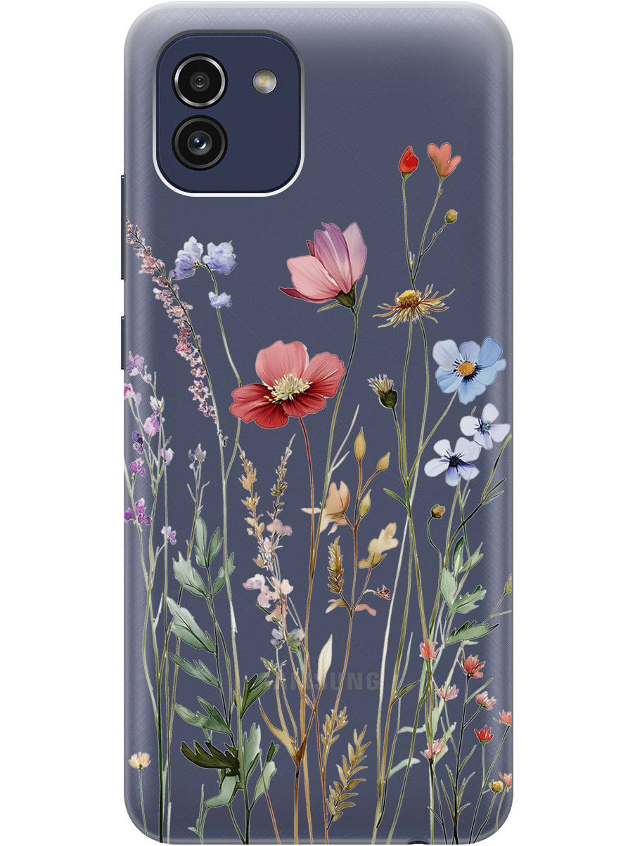 

Силиконовый чехол на Samsung Galaxy A03 с принтом "Милые цветочки" прозрачный, Прозрачный;зеленый;красный, 735001323