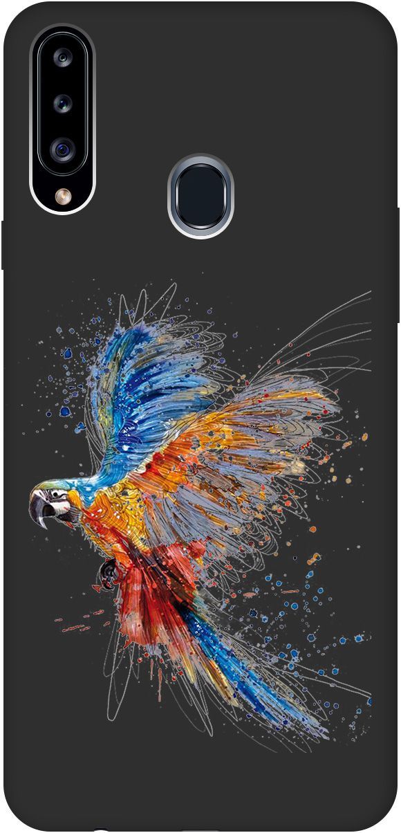 

Матовый чехол на Samsung Galaxy A20s с принтом "Colorful Parrot" черный, Черный;красный, 614