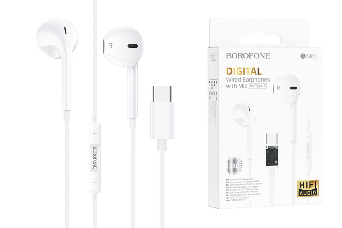 

Беспроводные наушники Borofone BM60 белые, BM60 Type-C Original series digital earphones