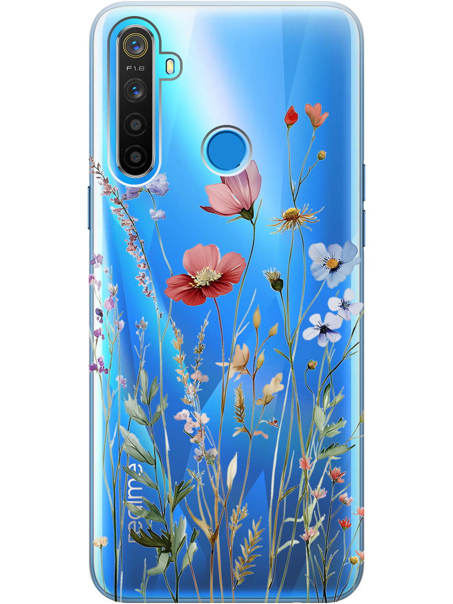 

Силиконовый чехол на realme 5 / 6i / C3 с принтом "Милые цветочки" прозрачный, Прозрачный;зеленый;красный, 726149623