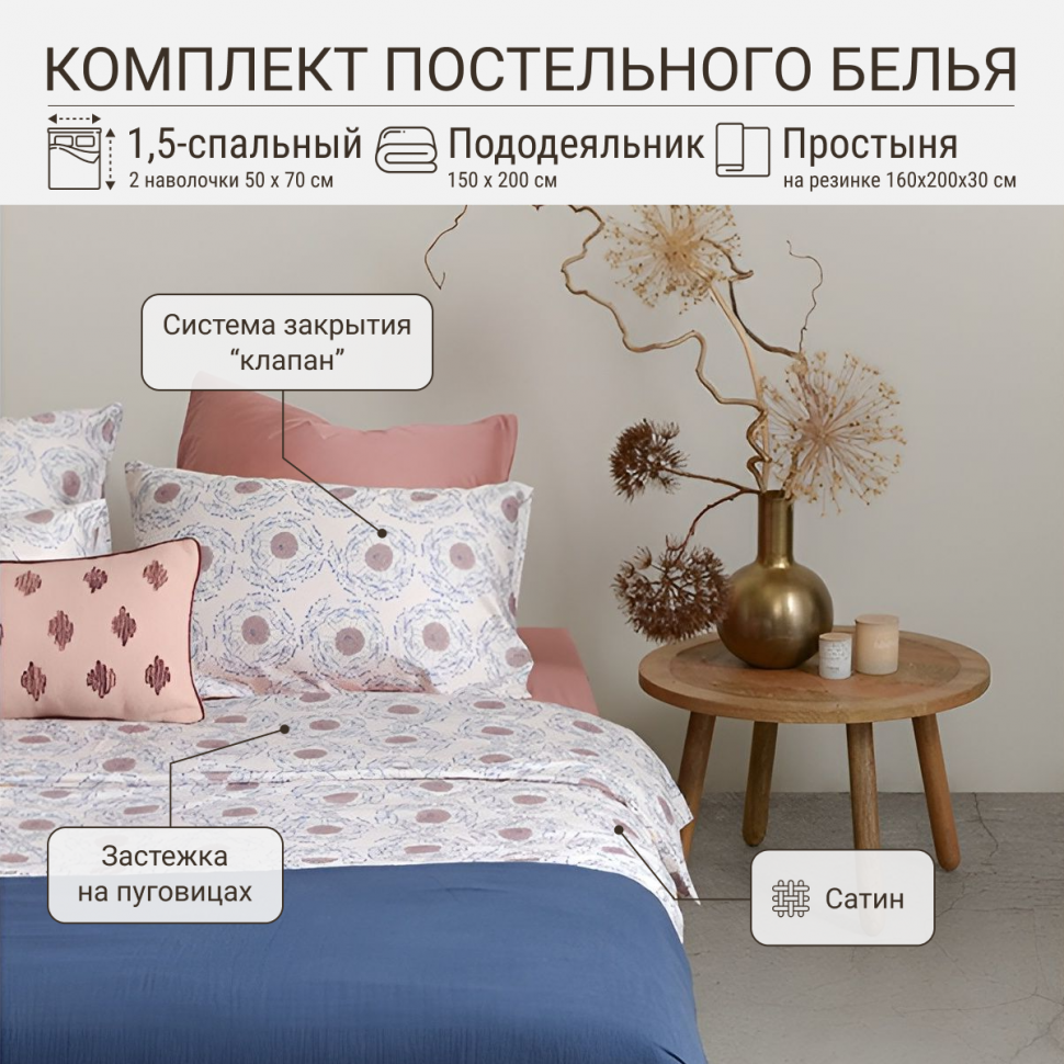 

Комплект постельного белья TKANO 1,5-сп. простыня на резинке из сатина, "Воздушный цветок", Cuts&Pieces / Prairie