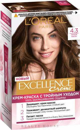 Краска для волос L'Oreal Paris Excellence Creme, оттенок 4.3, золотой каштан, 192 мл крем краска для волос l oreal paris excellence cool creme тёмно русый 6 11 196 мл