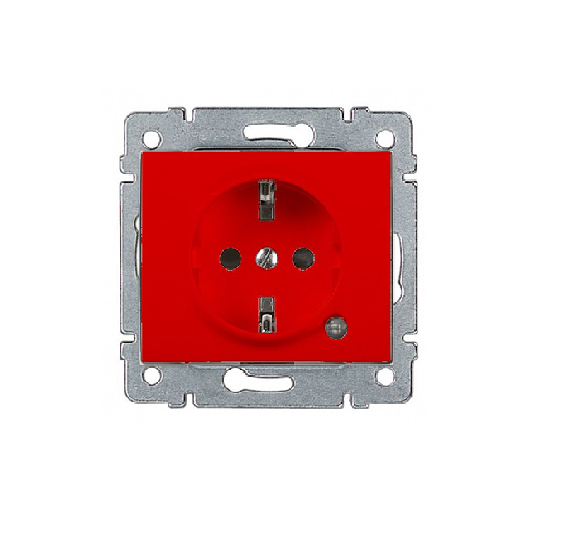 Розетка Legrand 771046 Galea Life с защитным контактом и индикацией, оснащена шторками, панель красного цвета.