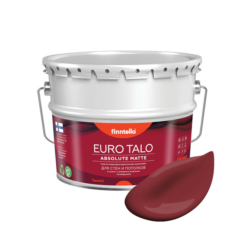 

Краска EURO TALO, VIININPU финский бордовый, 9л, экстраматовая EURO TALO FlatMatte для гостиной и спальни