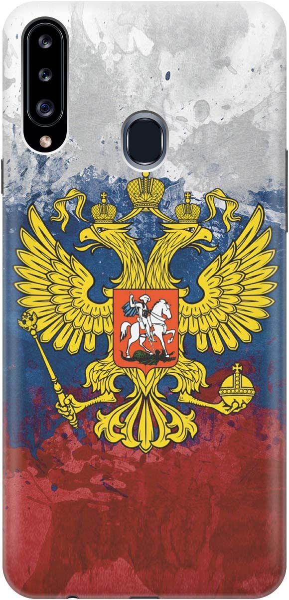 

Силиконовый чехол на Samsung Galaxy A20s с принтом "Герб и Флаг РФ", Голубой;желтый, 379
