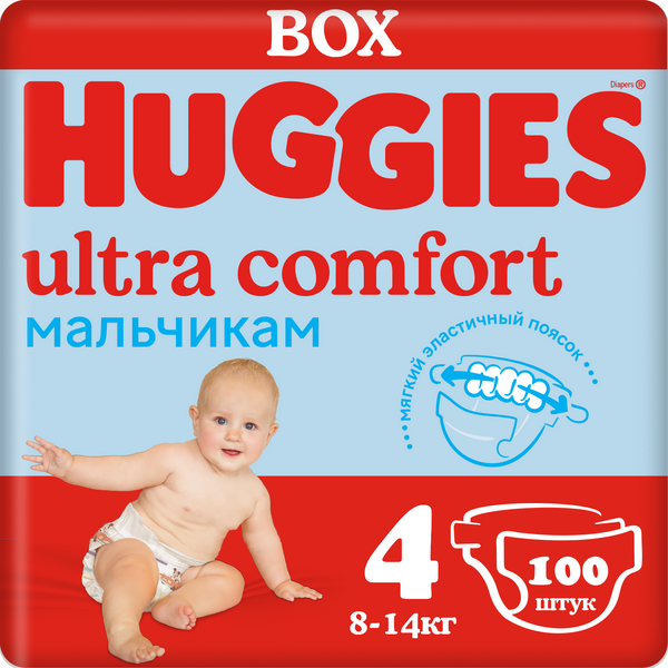 фото Подгузники huggies ultra comfort box для мальчиков, размер 4, 8-14 кг, 100 шт
