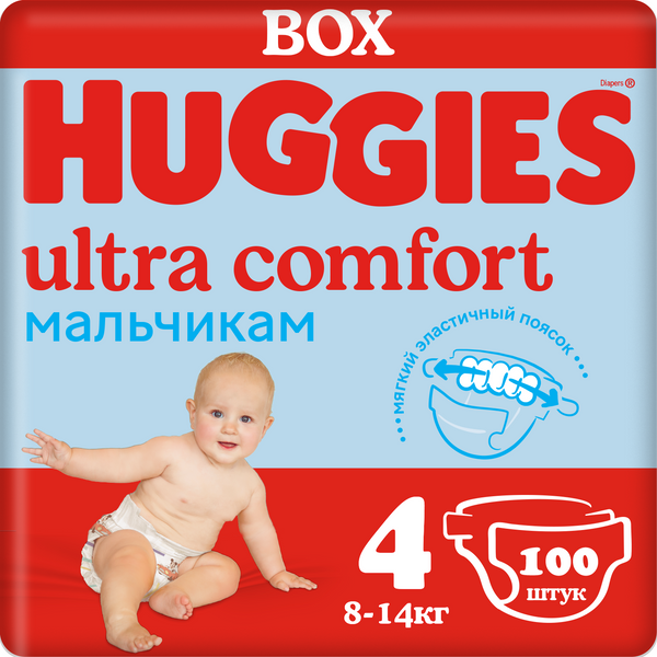 фото Подгузники huggies ultra comfort box для мальчиков р 4 (8-14 кг) 100 шт