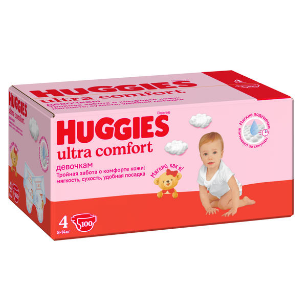 

Подгузники Huggies Ultra Comfort для девочек 8-14 кг, 4 размер, 100 шт