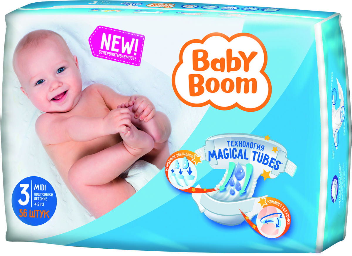 фото Подгузники baby boom midi универсальные 3 4-9 кг 56 шт