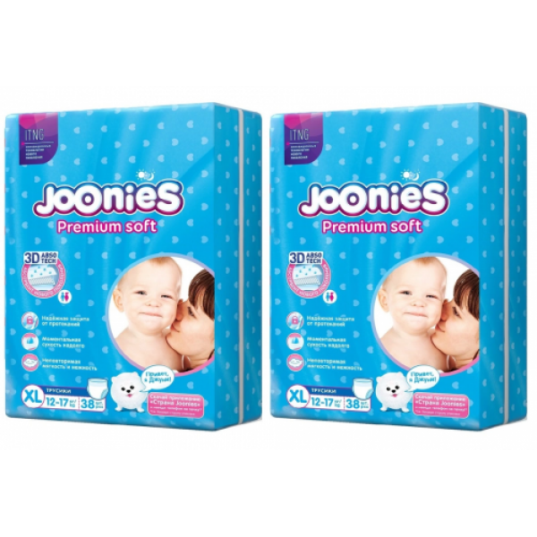

Joonies JOONIES Подгузники-трусики; размер XL (12-17 кг); 38 шт. 2 шт, JOONIES Подгузники-трусики, размер XL (12-17 кг), 38 шт. 2 шт