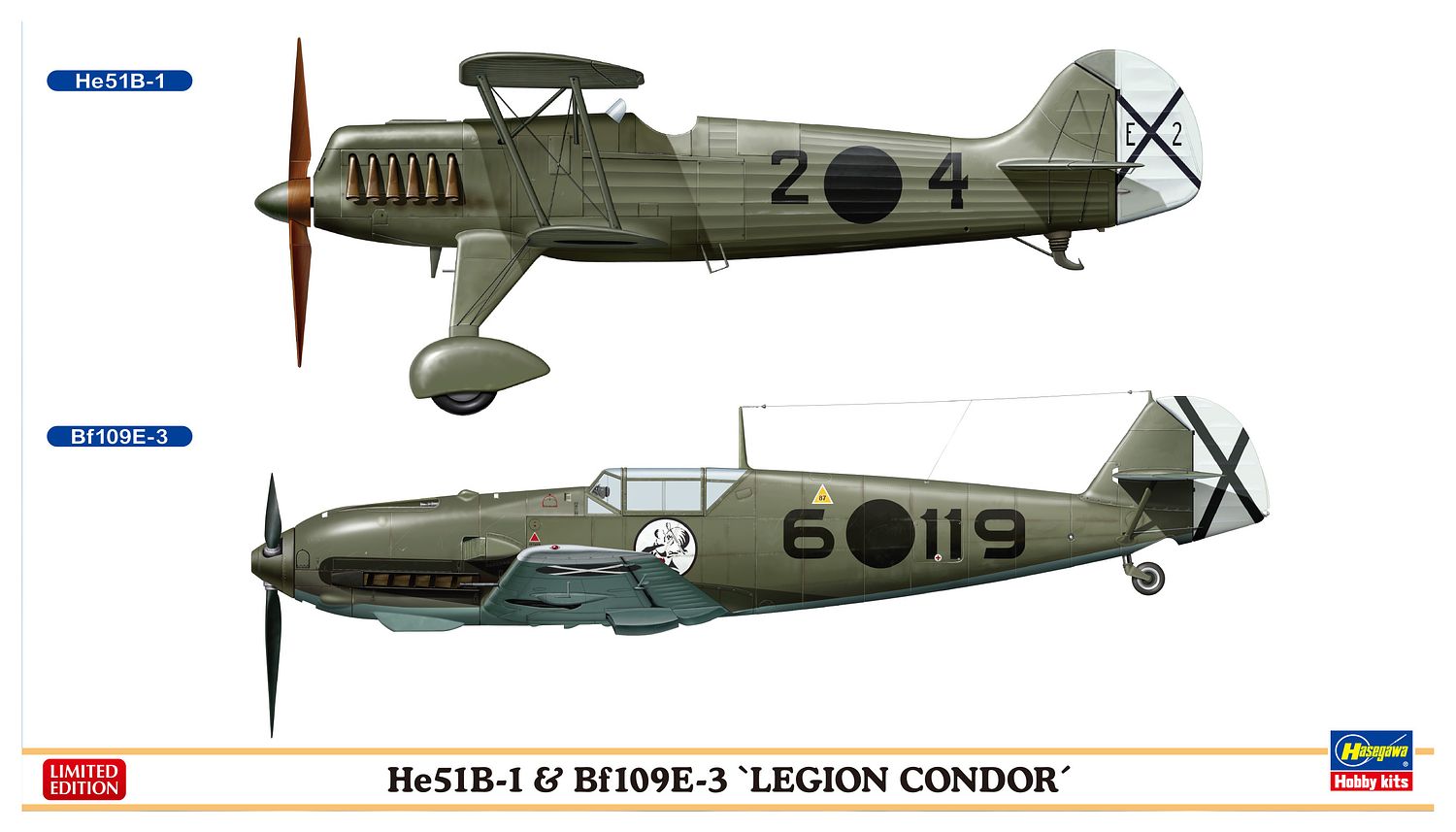 

Сборная модель Hasegawa 1/72 He 51B-1 and Bf 109 E-3 "Condor Legion" Combo (2 kits) 02197