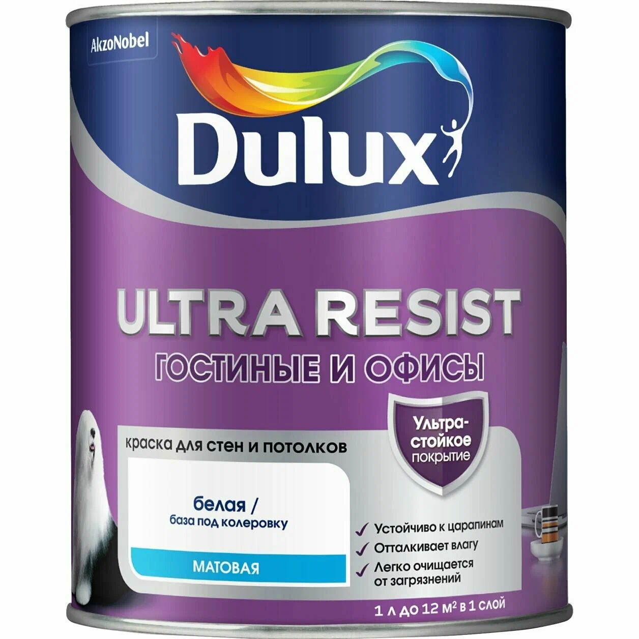 Краска Dulux Ultra Resist интерьерная, гостиные и офисы, усилена воском, матовая, BW, 1 л батарея gp 15aup 2шт ultra plus alkaline aa