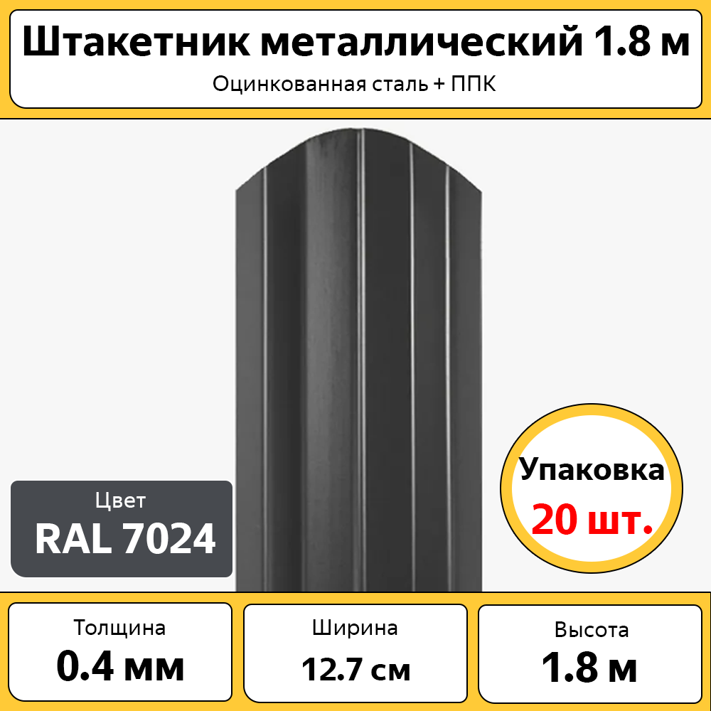 фото Штакетник каскад шт7024 полукруглый, оцинкованный серый 7024, 1.8 м (20 штук)