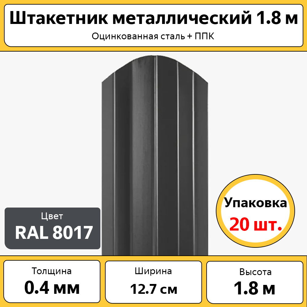 Штакетник Каскад ШТ7024 полукруглый, оцинкованный серый 7024, 1.8 м (20 штук)