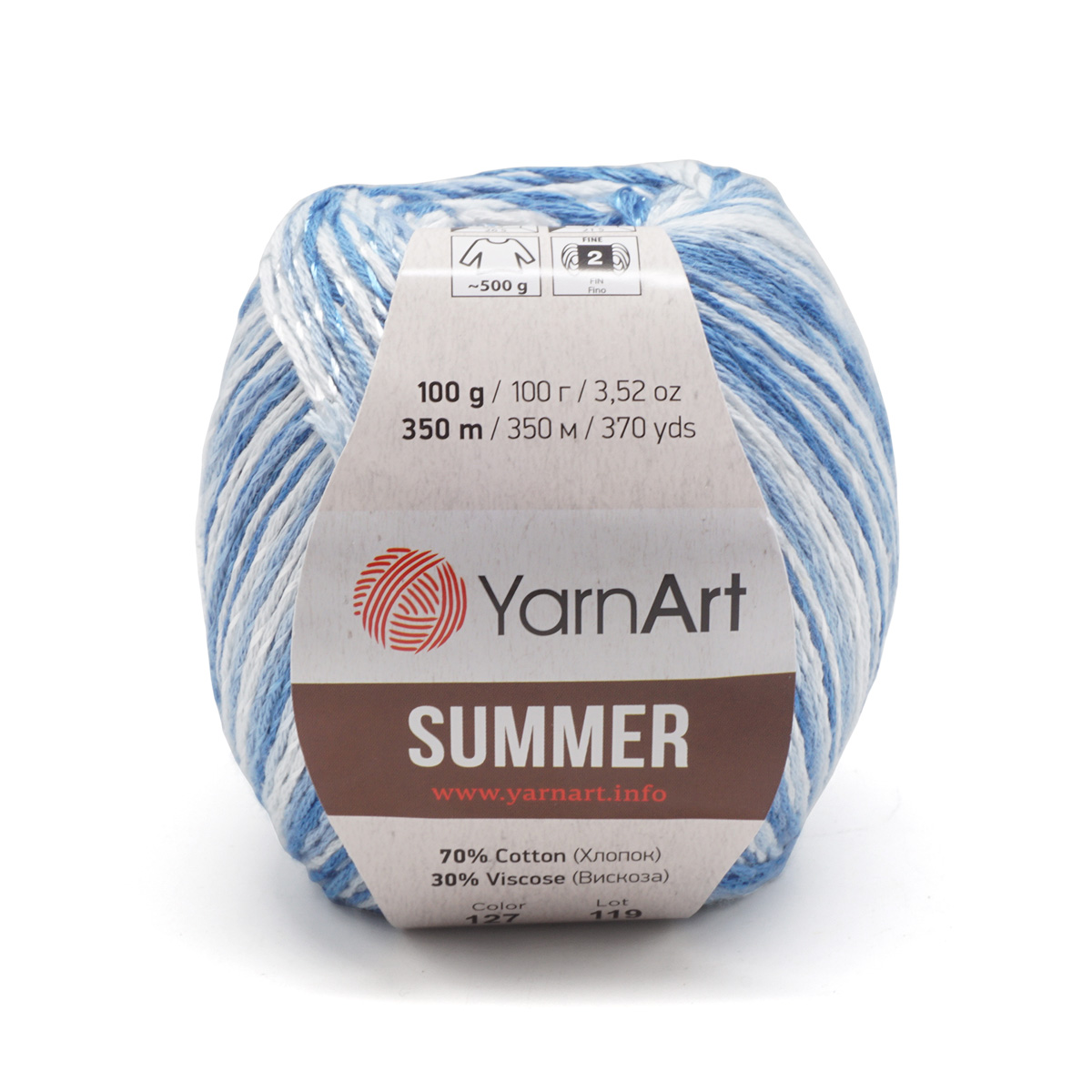 

Пряжа YarnАrt 'Summer', 100 г, 350 м (хлопок, вискоза) (127 меланж), 4 мотка, Голубой