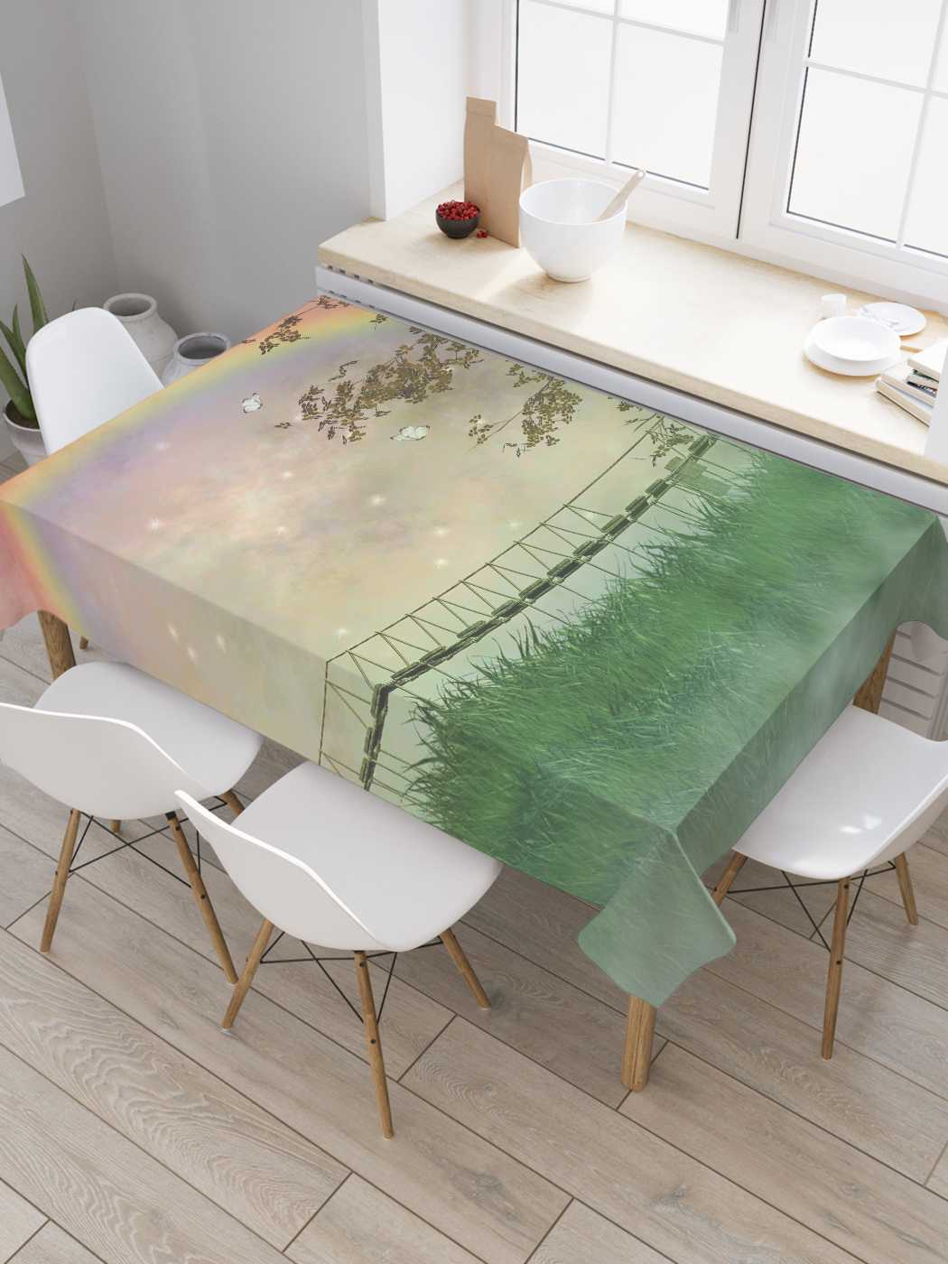 

Скатерть прямоугольная JoyArty "Мост из радуги" из оксфорда, 180x145 см, Зеленый, Мост из радуги